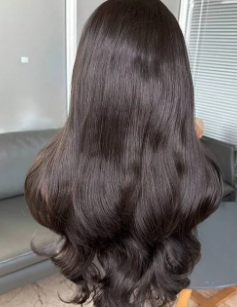 22 inch Natural Black Curtain Bangs Lace Front Wig- Human Blend - Crown Hairven