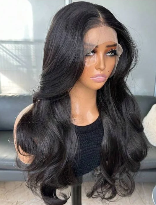 22 inch Natural Black Curtain Bangs Lace Front Wig- Human Blend - Crown Hairven